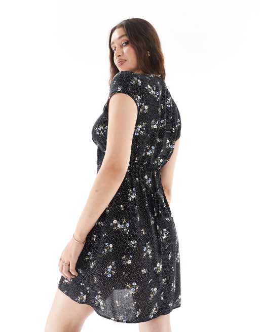 New Look lace trim floral mini tea dress in black, 3 of 4
