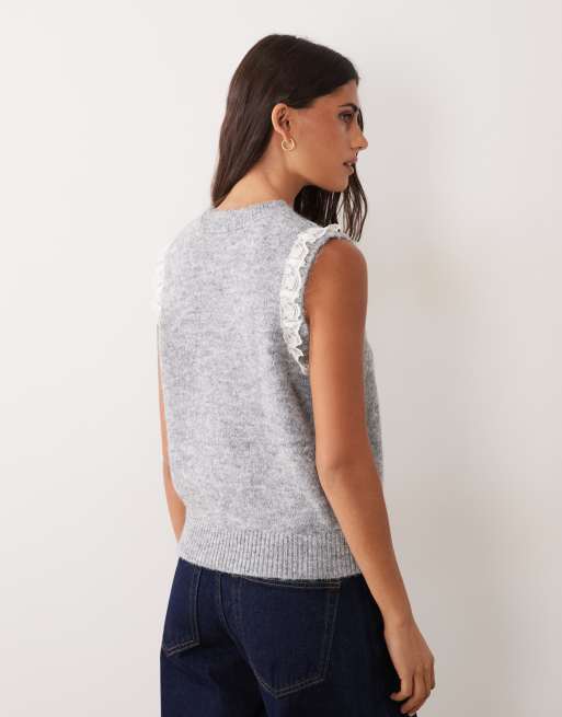 New Look lace trim knitted vest in grey, 3 of 4