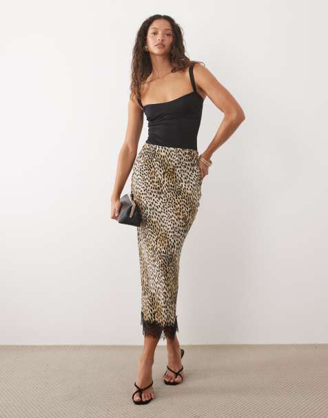 New Look lace trim leopard midi skirt in brown