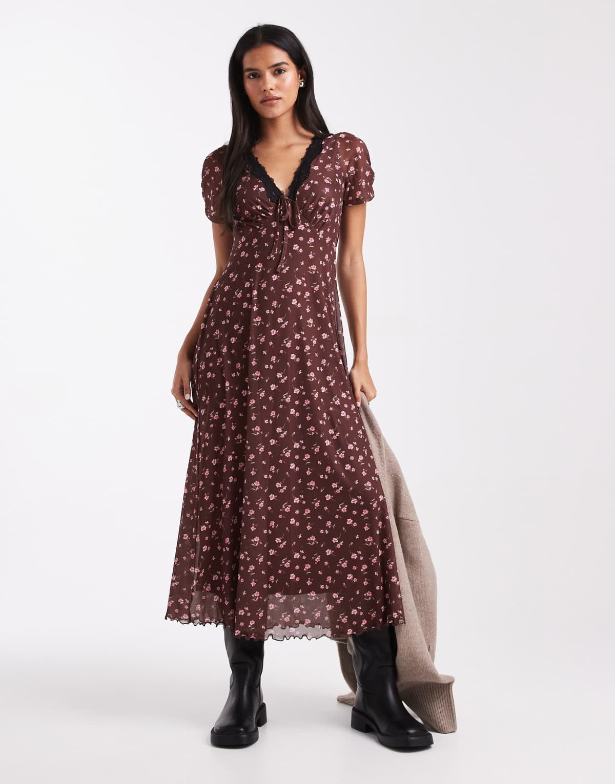 New Look lace trim mesh midi dress in brown floral