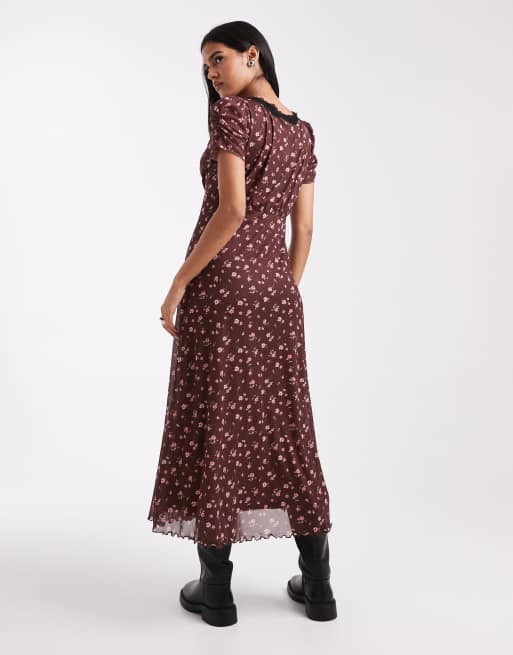 New Look lace trim mesh midi dress in brown floral, 3 of 4
