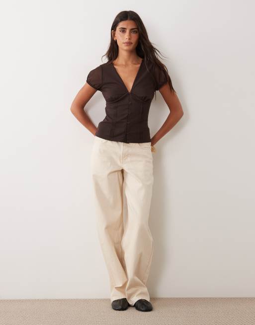 New Look lace trim mesh v-neck top in dark brown, 2 of 4