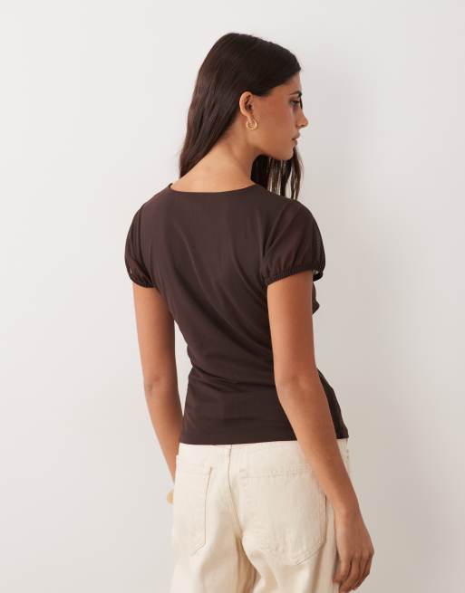 New Look lace trim mesh v-neck top in dark brown, 4 of 4