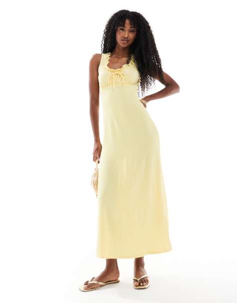 New Look lace trim milkmaid midi dress in yellow - view 1