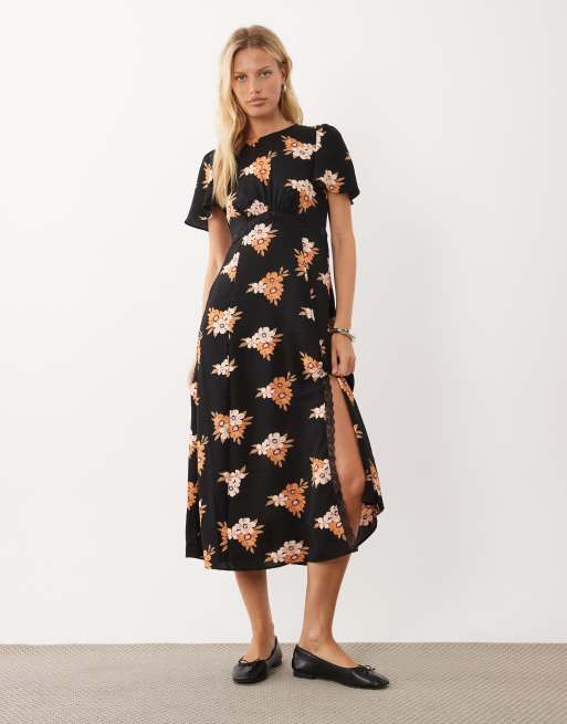 new look knee length dresses lace trim puff sleeve midi dress in black floral mini dress new look dresses