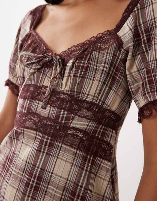New Look lace trim puff sleeve mini dress in brown check, 2 of 4