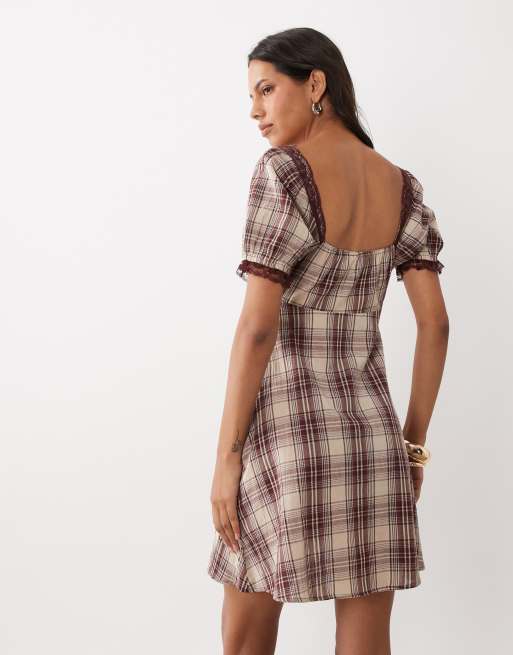 New Look lace trim puff sleeve mini dress in brown check, 4 of 4