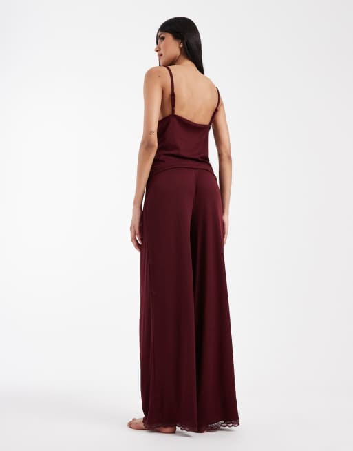 New Look lace trim pyjama set in burgundy, 3 of 4