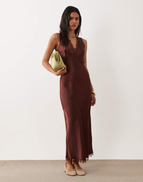 New Look lace trim satin midi dress in dark brown - view 1