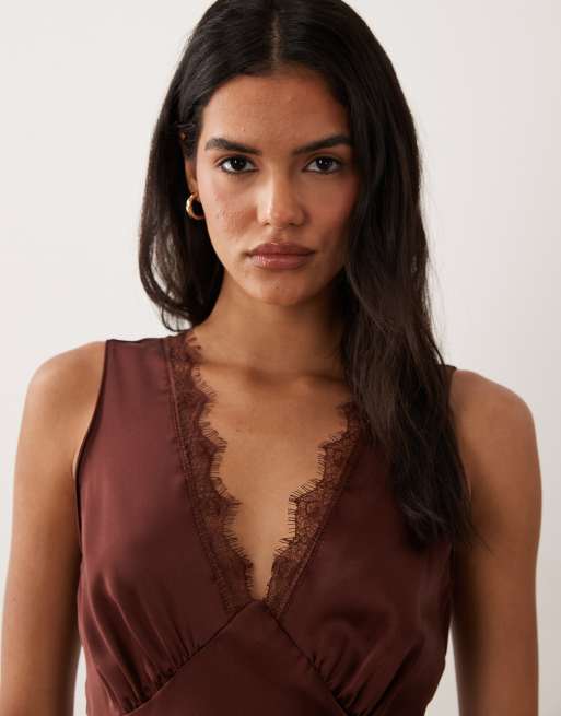 New Look lace trim satin midi dress in dark brown, 4 of 4
