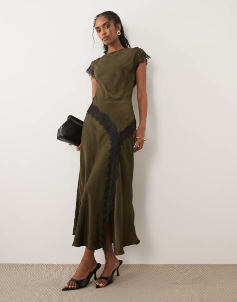 New Look lace trim satin midi dress in dark khaki - view 1