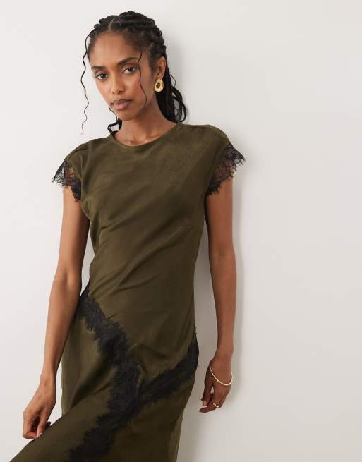 New Look lace trim satin midi dress in dark khaki, 2 of 4
