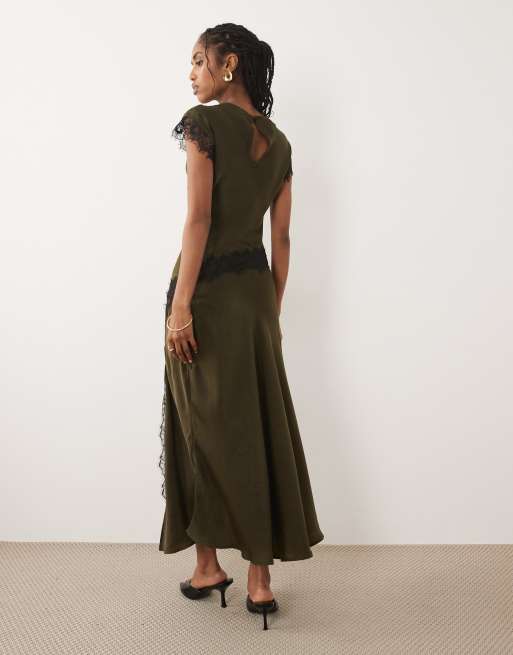New Look lace trim satin midi dress in dark khaki, 3 of 4
