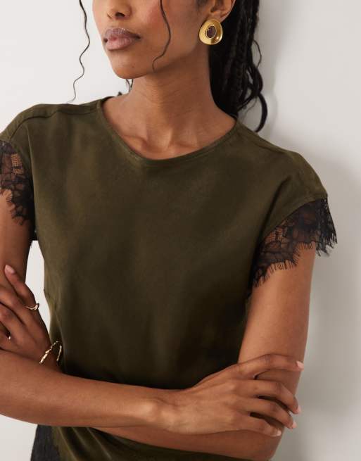New Look lace trim satin midi dress in dark khaki, 4 of 4