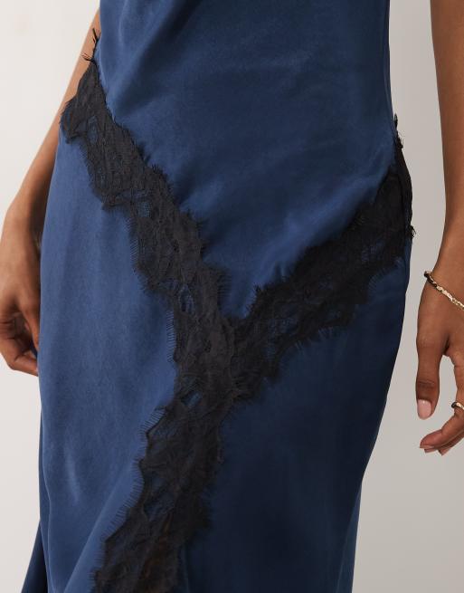 New Look lace trim satin midi dress in navy, 4 of 4