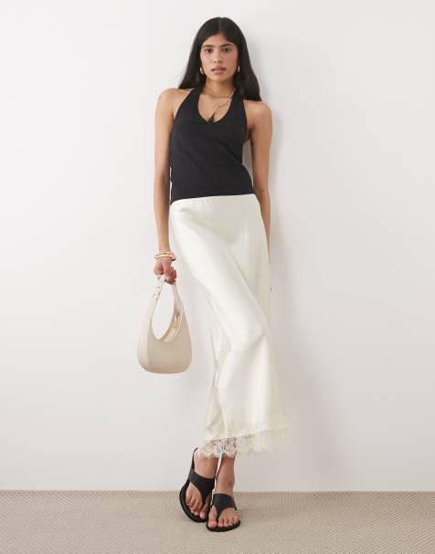 New Look lace trim satin midi skirt in cream - view 1