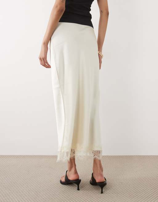 New Look lace trim satin midi skirt in cream, 5 of 5
