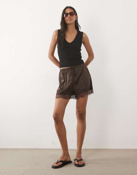 New Look lace trim satin shorts in brown - view 1