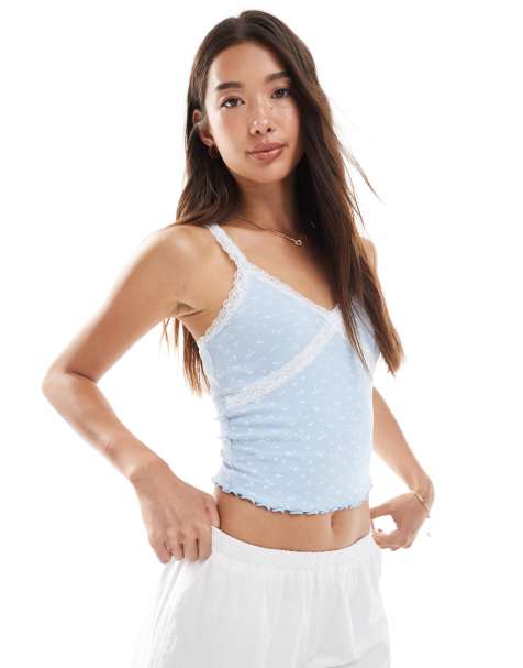 New Look lace trim singlet top in blue floral - view 1