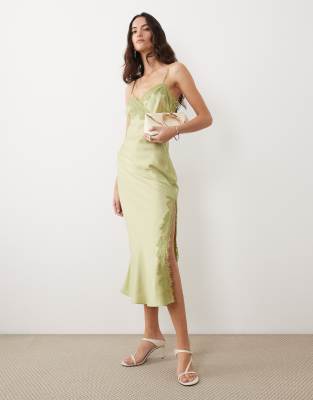New Look lace trim slip midi dress in light green | ASOS