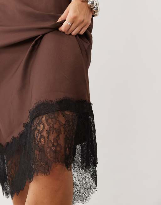 New Look lace trim strappy satin midi dress in chocolate brown, 3 of 4