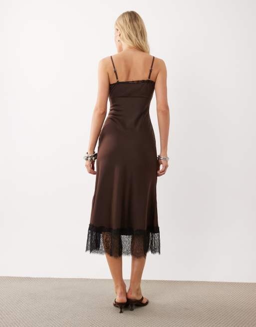 New Look lace trim strappy satin midi dress in chocolate brown, 4 of 4