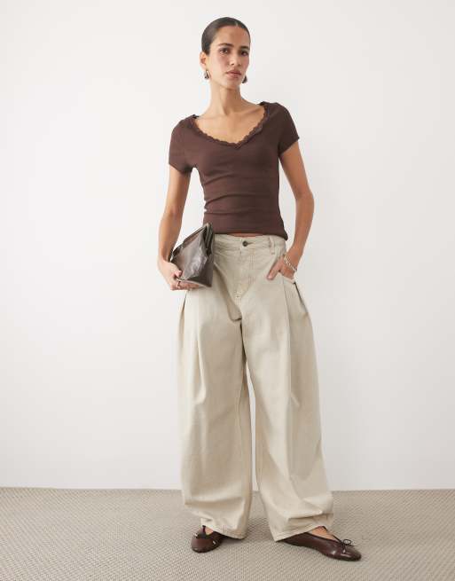New Look lace trim v-neck tee in dark brown, 2 of 4