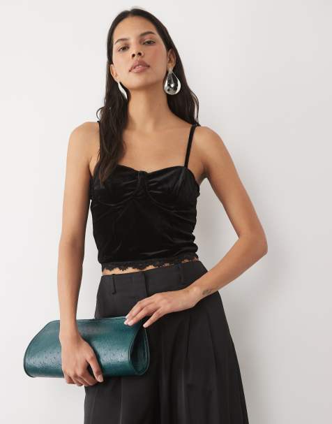 New Look lace trim velvet corset top in black - view 1