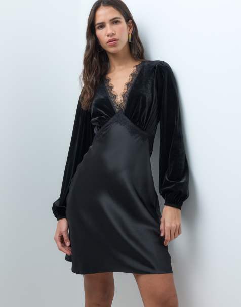 New Look lace trim velvet & satin mix mini dress in black - view 1