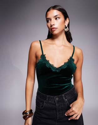New Look New Look lace trim velvet strappy bodysuit in green