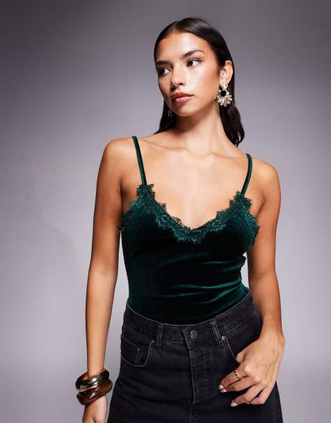 New Look lace trim velvet strappy bodysuit in green