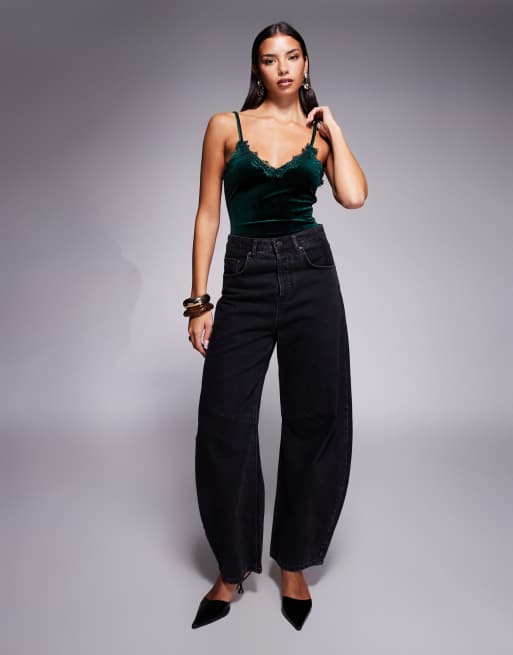New Look lace trim velvet strappy bodysuit in green, 3 of 4