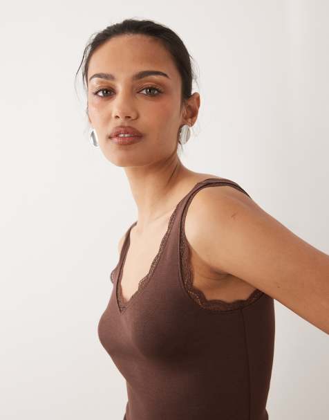New Look lace trim vest in chocolate brown - view 1