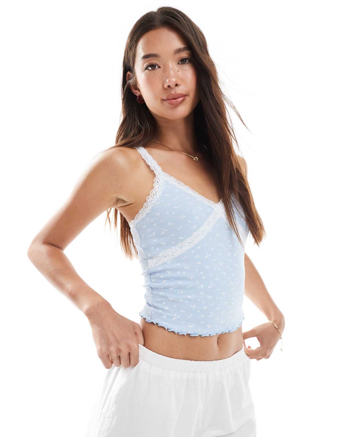 New Look lace trim vest top in blue floral