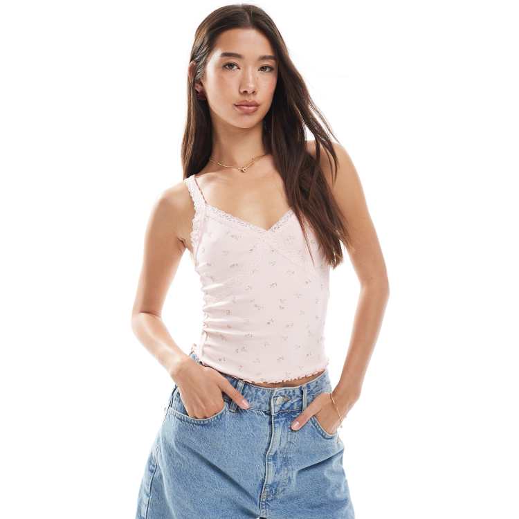 New Look lace trim vest top in pink floral | ASOS
