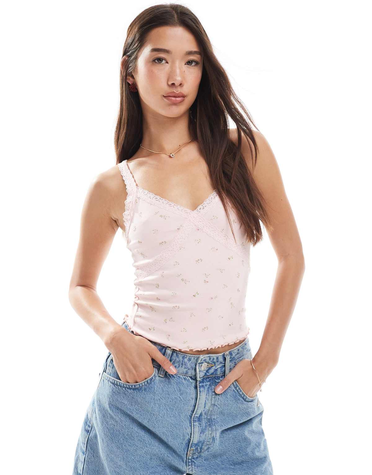 New Look lace trim vest top in pink floral