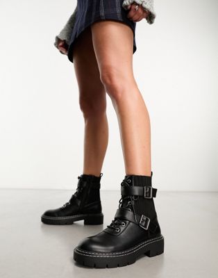 New Look lace up boots with buckle detail in black  - ASOS Price Checker