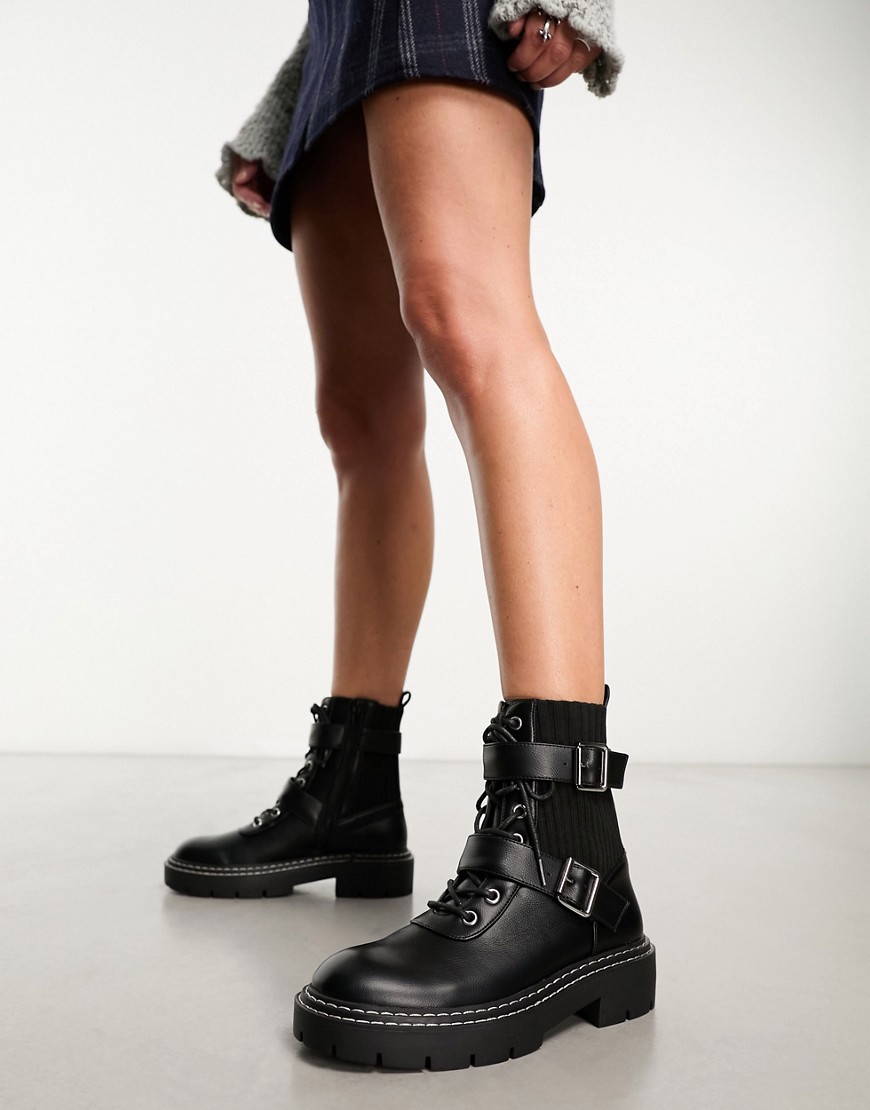 New Look lace up boots with buckle detail in black