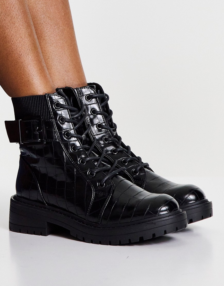 New Look lace up buckle detail flat boot in black croc