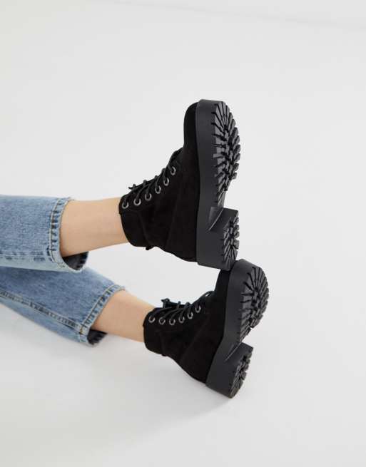 New Look lace up chunky flat boot in black | ASOS