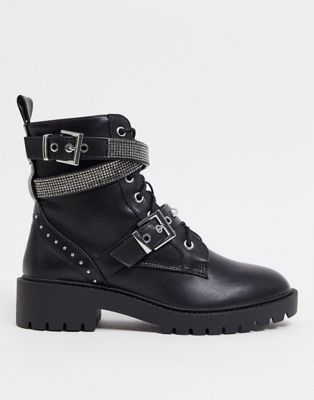 New Look lace up diamante detail biker boots in black | ASOS