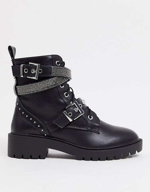 New Look lace up diamante detail biker boots in black