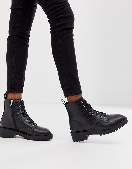 New Look lace up flat boots in black croc | ASOS