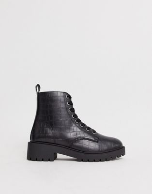 new look lace up flat boots in black croc
