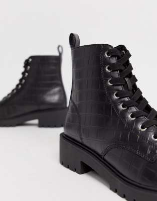 new look lace up flat boots in black croc