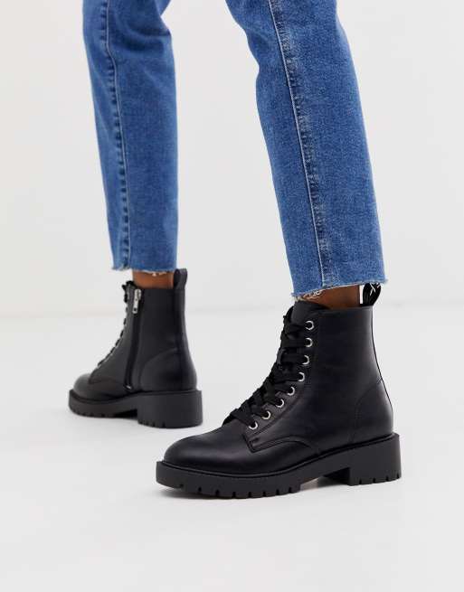 New Look flat high ankle lace-up boots in black