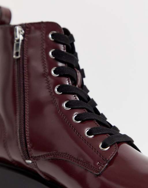 New Look lace up flat boots in dark red