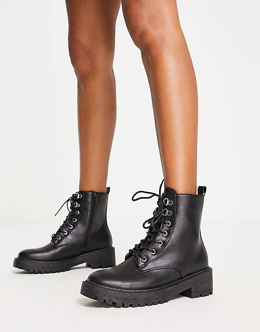 New Look lace up heeled chunky boot in black | ASOS