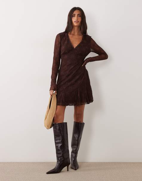 New Look lace v-neck long sleeve mini dress in brown - view 1