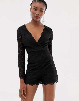 New Look lace wrap playsuit in black